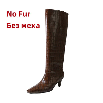 Knee High Boots for Stone Pattern Leather High Heels Autumn Winter Shoes Lady Long High Party Knight Booties