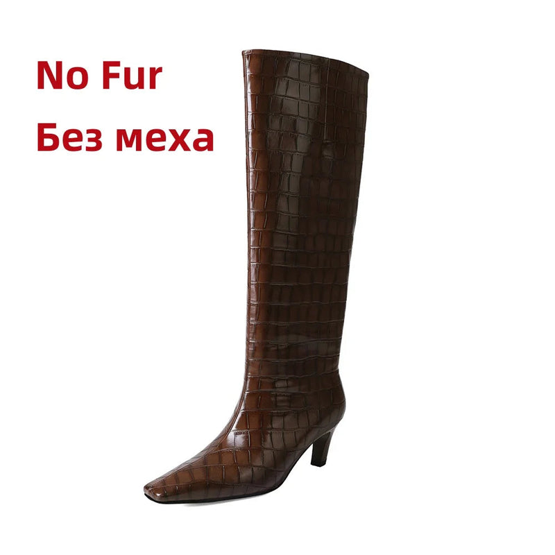 Knee High Boots for Stone Pattern Leather High Heels Autumn Winter Shoes Lady Long High Party Knight Booties