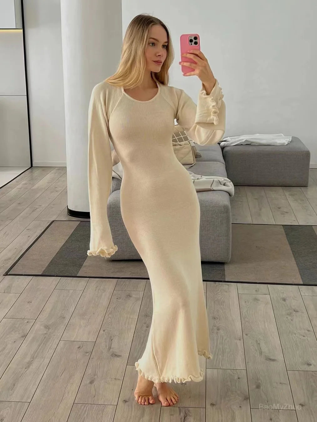 Ribbed Knit Ruffle Trim Long Dress Long Sleeve Bodycon Party Cocktail Dress Flare Summer Beach Cover Up
