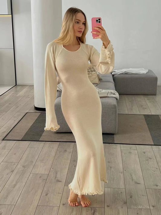 Ribbed Knit Ruffle Trim Long Dress Long Sleeve Bodycon Party Cocktail Dress Flare Summer Beach Cover Up
