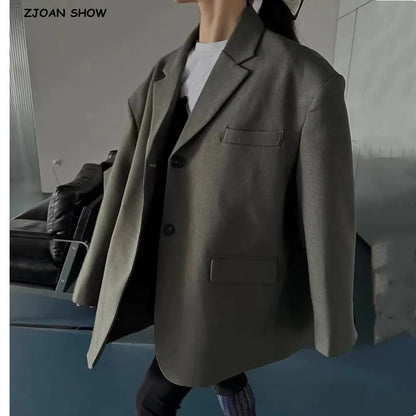 Chill Dark Gray Oversized Blazer Boyfriend Notched Collar Loose Suit Coat