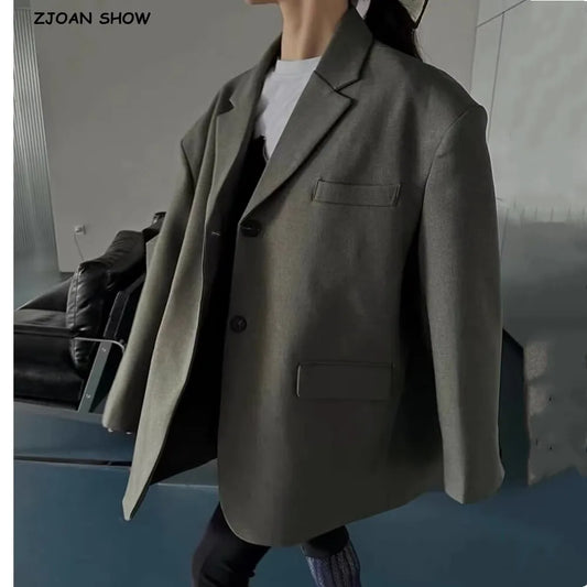 Chill Dark Gray Oversized Blazer Boyfriend Notched Collar Loose Suit Coat
