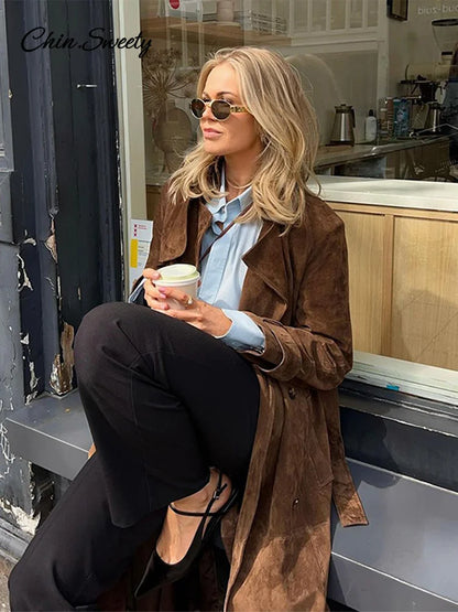Suede Long Trench Coat Belt Double Breasted Full Sleeve Brown Windbreaker Autumn Lady Street Outwears New
