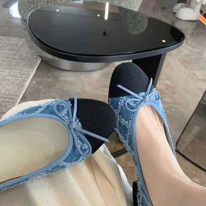 New Designer Blue Jeans Bow Flat Shoes Woman Round Toe Cloth Patchwork Flats Plaid Sewing Moccasins Denim Loafers for