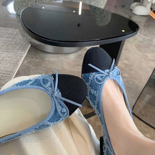 New Designer Blue Jeans Bow Flat Shoes Woman Round Toe Cloth Patchwork Flats Plaid Sewing Moccasins Denim Loafers for