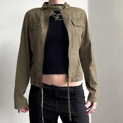 Patchwork Stand Collar Military Jacket Y2k Autumn Pockets Zipper Coat Grunge Style Outfits