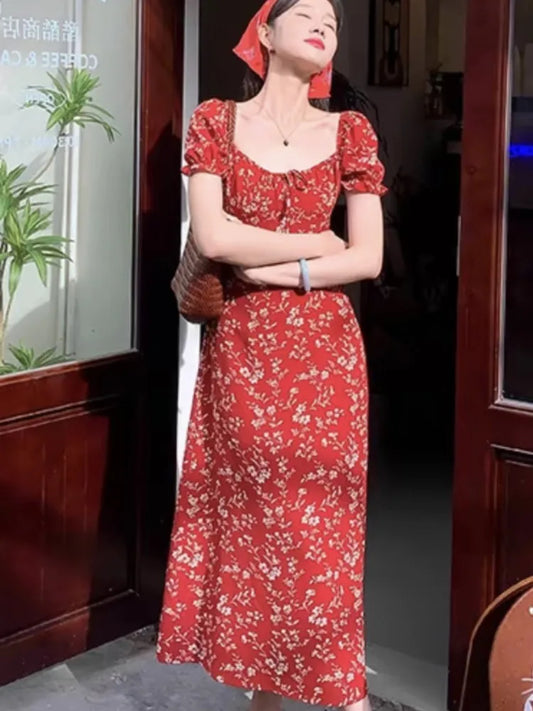 Summer New Printed Midi Dresses for Square Collar Puff Sleeve French Korean One Piece Vestido Mujer