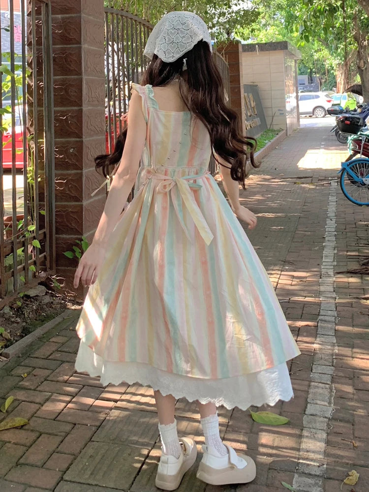 Japanese Kawaii Rainbow Midi Dress Slim Design Print Striped Sleeveless Camisole Dress Even Party Lolita Clothing