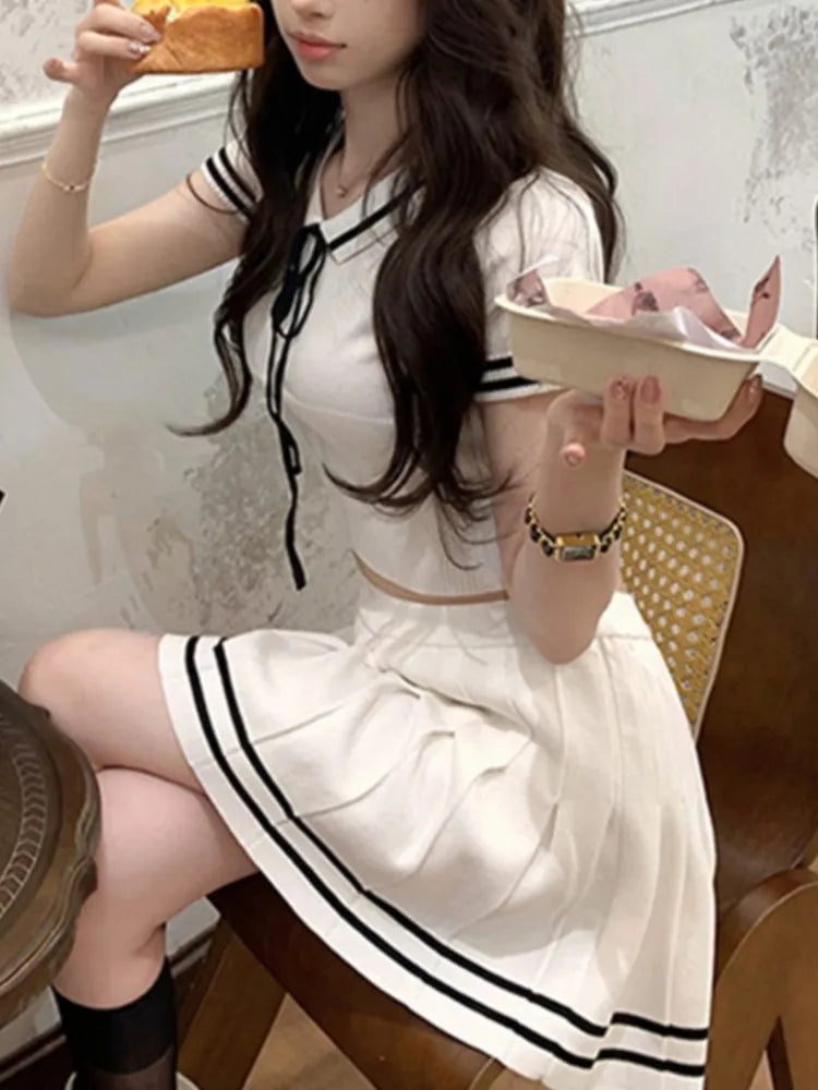 Korean Knitted Two-piece Set Short Sleeve Patchwork Cropped Top Pleated Mini Skirt Preppy Style Outfits New