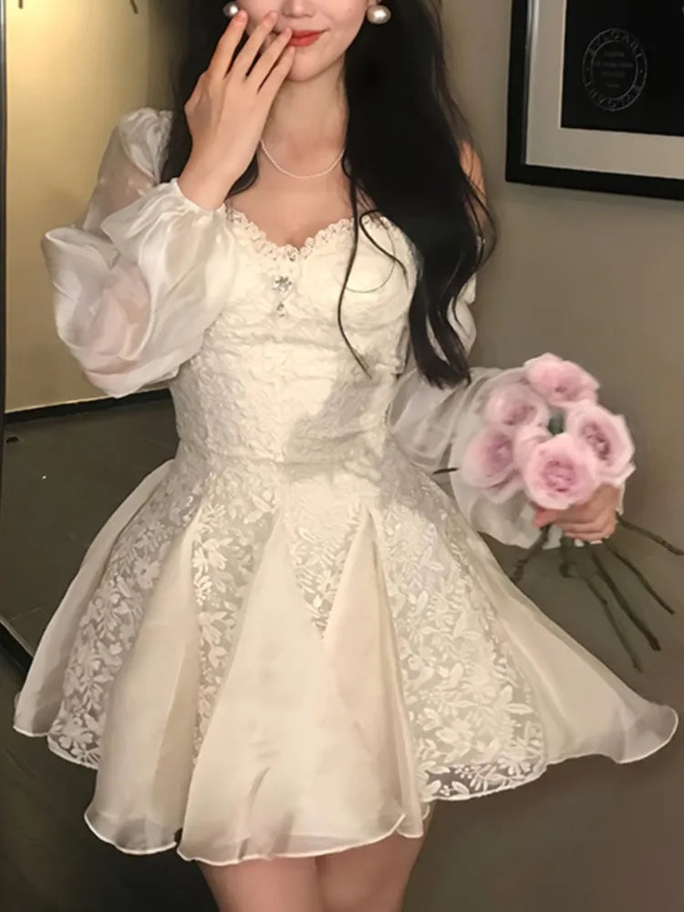 Lace Patchwork Mini Dress for Square Collar Long Sleeves Princess Birthday Evening Dresses Aline Short Vestidos