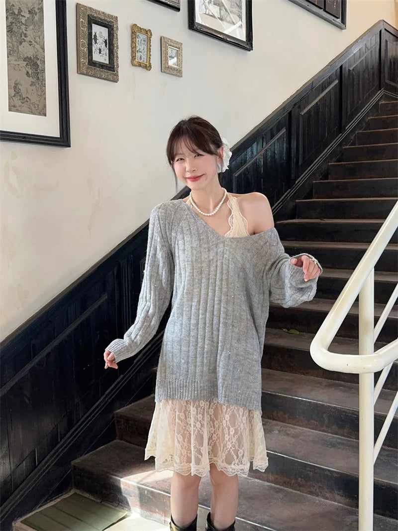Sweet Hot Girl Pure Suit Autumn Vneck Mohair Sweater Halter Neck Lace Dress Twopiece Set Female Clothes