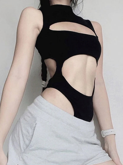 Hollow Out Bodysuit Rave Clubwear Sleeveless Backless Black Skinny Rompers Female Night Out Bodysuits Outfits
