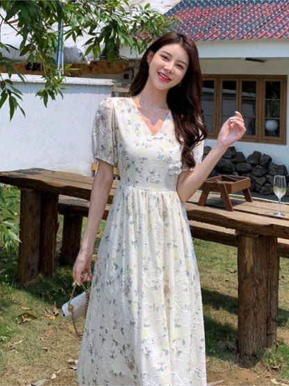 Summer New Chinese Style Midi Dresses for Printed V-neck Puff Sleeve A-line Dress One Piece Vestido