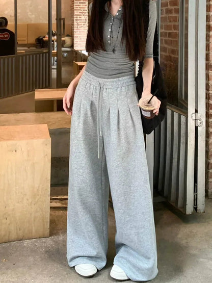 Gray High Waist Wide Sweatpants American Retro Y2k Harajuku Hip Hop Oversized Sports Pants Autumn