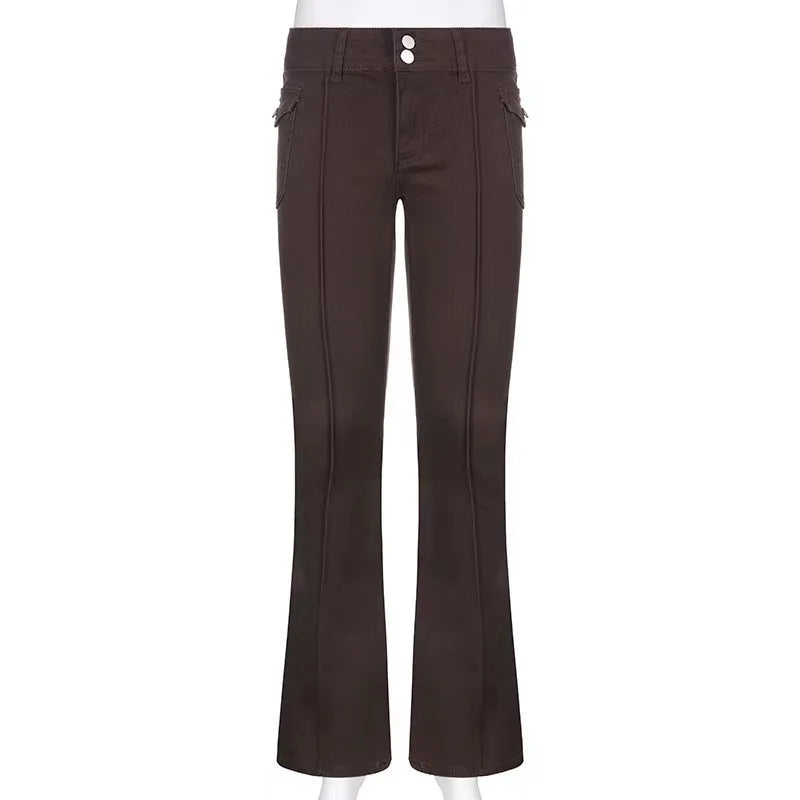 Y2k Brown Flared Jeans Color Pocket Kawaii Trousers Low Waist Aesthetic Jogging Pants Basics