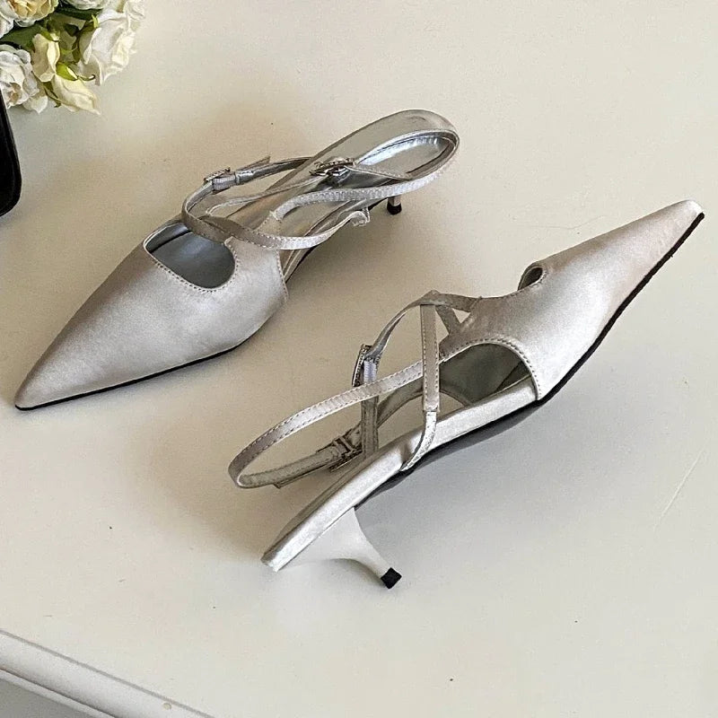 Silk Designer High Heeled Sandals Narrow Band Shallow Low Heel Office Shoes Female Pointed Toe Pumps Brand Slingback