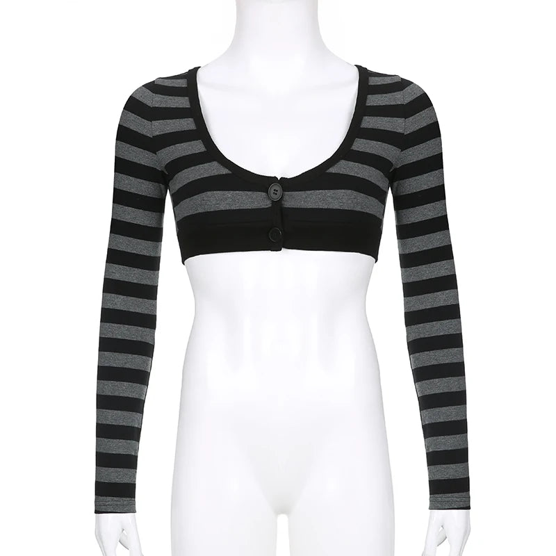 Y2k Striped Crop Top Button O-neck Long Sleeves Cardigan T-shirt Retro Harajuku Grunge Super-short Smock Top Tees