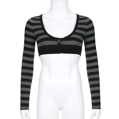 Y2k Striped Crop Top Button O-neck Long Sleeves Cardigan T-shirt Retro Harajuku Grunge Super-short Smock Top Tees