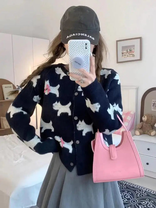 Korean Sweet Blue Gray Print Bow Button Sweater Round Neck Cardigans Long Sleeve Knitwear Tops Autumn Winter Clothing