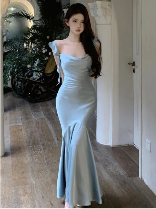Summer Mermaid Dress Bodycon Spaghetti Strap Midi Maxi Dresses Lady Stain Party Square Neck New Robe