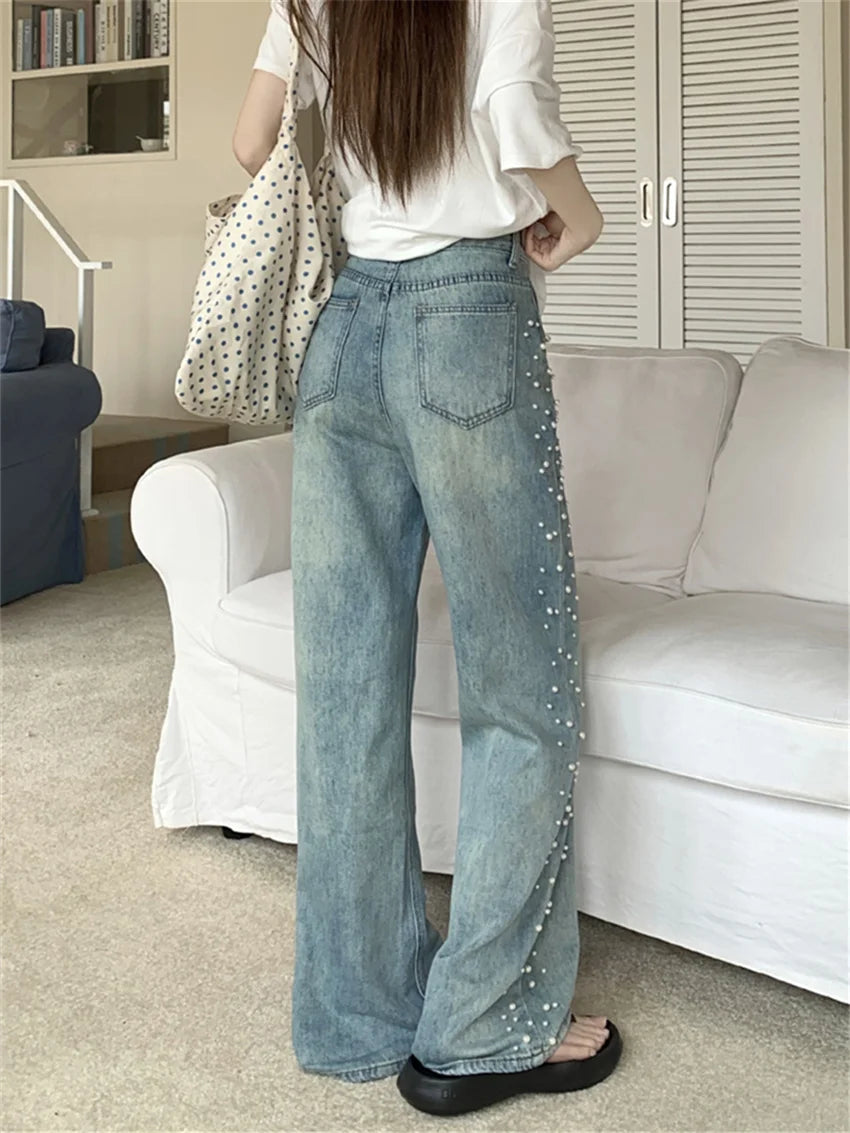 Summer Straight Jeans Pearls Wide Leg Mopping Light Washed High Waist New Denim Pants
