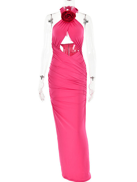 3d Flower Hollow Out Backless ’s Dress Zipper Female Sleeveless Bodycon Maxi Dress Party Club Evening Dress