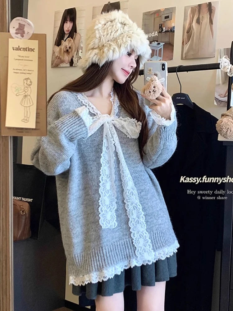 Lace Patchwork Ribbed Sweater for Cutecore Bow Vneck Knitted Pullovers Winter Warm Fairy Grunge Gray Clothes
