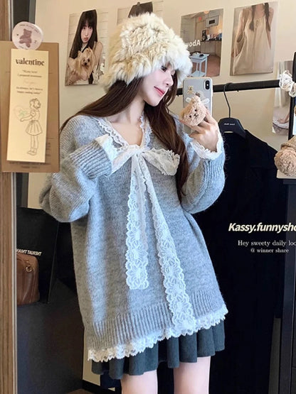 Lace Patchwork Ribbed Sweater for Cutecore Bow Vneck Knitted Pullovers Winter Warm Fairy Grunge Gray Clothes