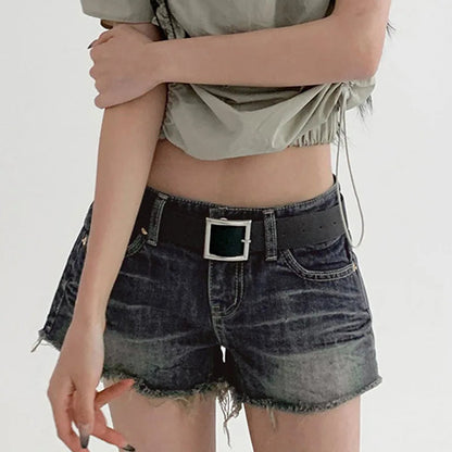 Blue Tassel Denim Shorts American Low Waist Straight With Belt Mini Shorts Summer Y2k