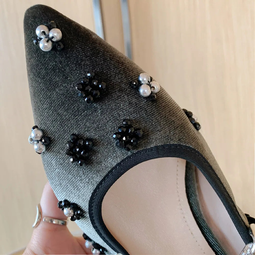 Velvet Pointed Toe Slipon Mary Jane Flats Beading Decoration Female Ballet Flats Sweet Female Ballerians Shoes