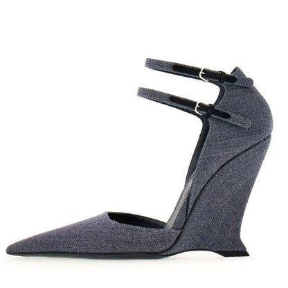New Buckle Strap Patent Leather Wedges Sandals Pointed Toe High Heels Woman Dress Shoes Sandalias De Las Mujeres