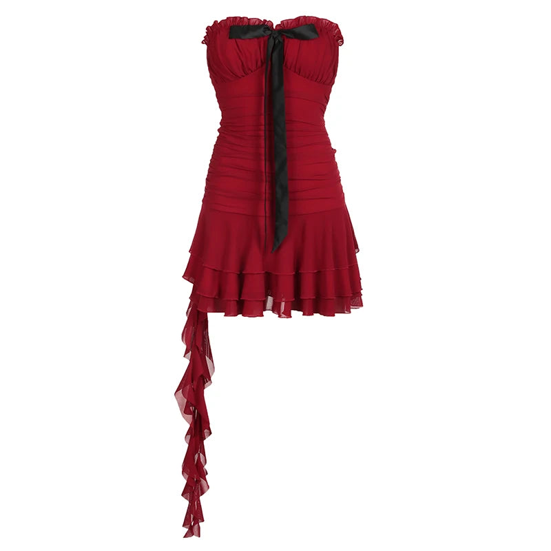 Milkmaid Tube Dress Red Contrast Color Bow Patchwork Strapless Tiered Ruffle Mini Dresses Holiday Party Robe