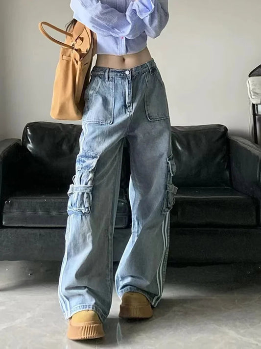 Stripe Blue Cargo Jeans Y2k Harajuku Loose Korean High Waist Denim Trousers Hip Hop Causal Female Pants