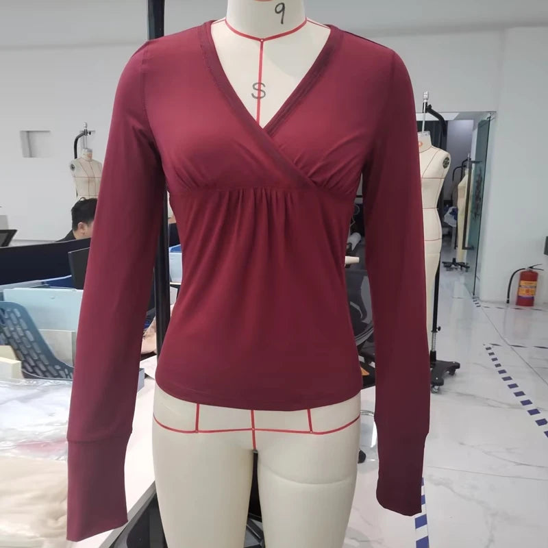 Y2k Grunge Burgundy T-shirt 00s V Neck Long Sleeve Tees Retro Milkmaid Tops Autumn Techwear Clothes