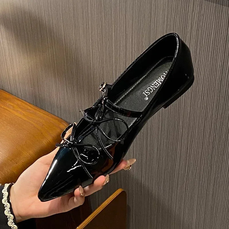 Pointed Toe Metal Buckle Bow T Strap Mary Jane Flats Banquet Dress Design Comfortable Single Shoes