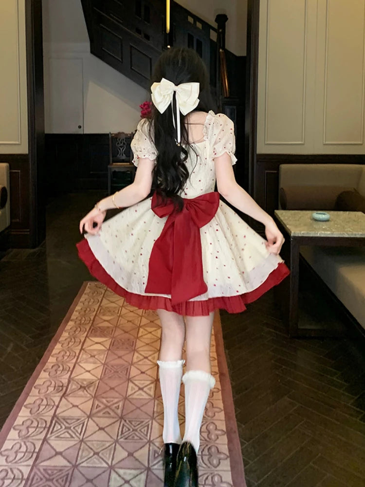 Summer New Sweet Mini Dresse French Square Collar Princess Bow Short Sleeve Dress Party Dresses Vestidos
