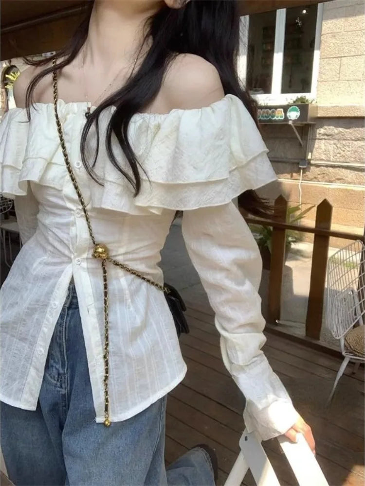 Slash Neck Ruffles Shirts Y2k Egirl Slim Waist Single Breasted Blouses Summer New Long Sleeve Blusas Mujer