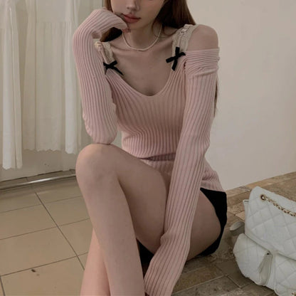 Twopiece Strapless Bow Longsleeved Sweater Spring New Korean Contrast Color Lace Splicing Knitted Tops