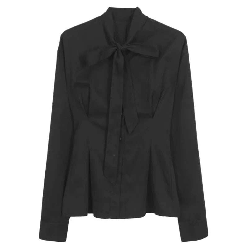 Black Shirts for Slim Long Sleeve Blouse With Bow Pleated Tops Korean Spring Autumn Office Clothes