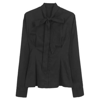 Black Shirts for Slim Long Sleeve Blouse With Bow Pleated Tops Korean Spring Autumn Office Clothes