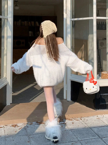 White Butterfly Print Sweater Bow Graphic Long Sleeve Pullover Hollow Out Off Shoulder Knitwear Autumn Winter