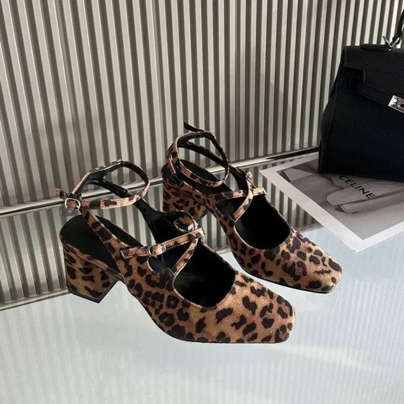 Design Mary Jane Shoes Cross Belt Buckle Chunky Slingback Shoes Leopard Elegance High Heeled Sandals