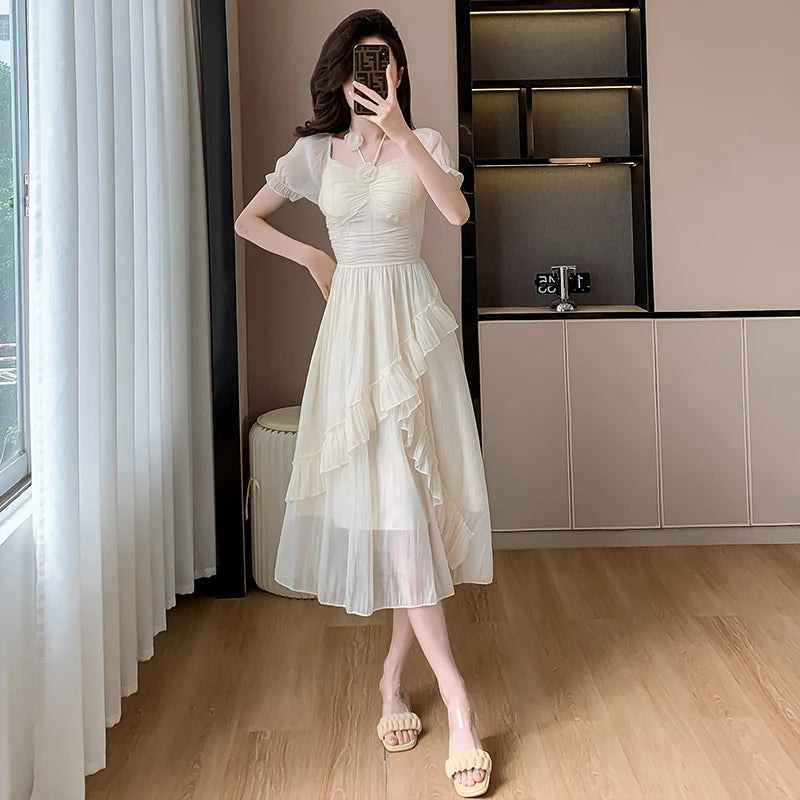Summer French Midi Dresses New Folds Ruffle Party Robe Fairycore Neck Mounted Lady Maxi
