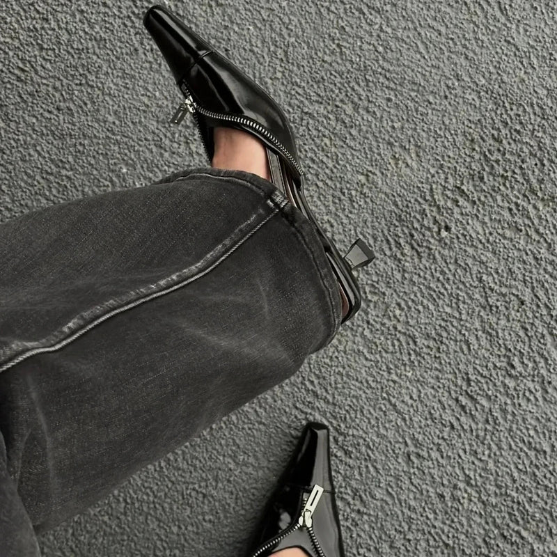 New Designer Pointed Toe Low Heels Mule Shoes Zipper Slingback Sandal Female Party Pumps Fashions High Heels