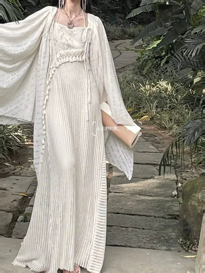 Chinese Style Knitted Spliced Suspender Dress Spring and Autumn Long Sleeve Coat Dress Set Two Piece Sets Outfits