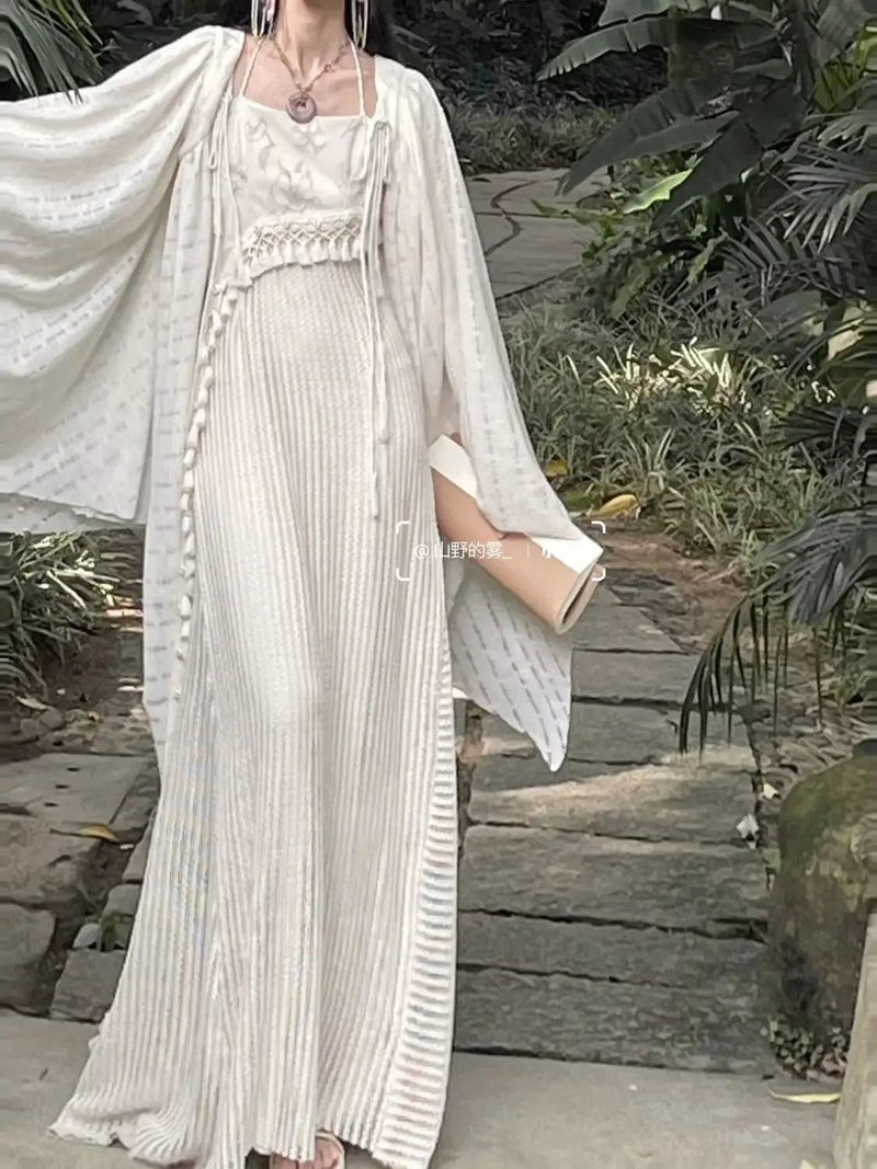 Chinese Style Knitted Spliced Suspender Dress Spring and Autumn Long Sleeve Coat Dress Set Two Piece Sets Outfits