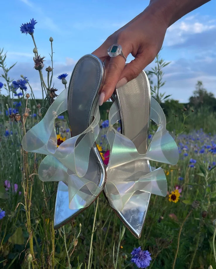 Twist Bow Pvc Sandals Silver Patent Leather Hollow Pointed Toe Slip on Stiletto Heels Lady Summer Party Shoes
