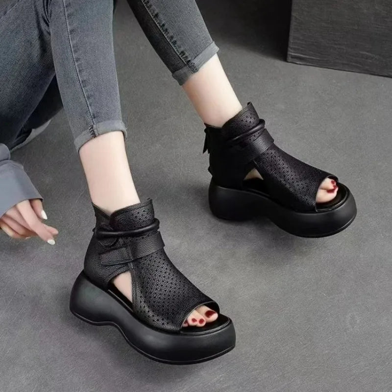 New Hollow Breathable Hole Shoes Thick Sole Leather Fish Mouth Hook Loop Retro Comfortable Wedge Sandal 43