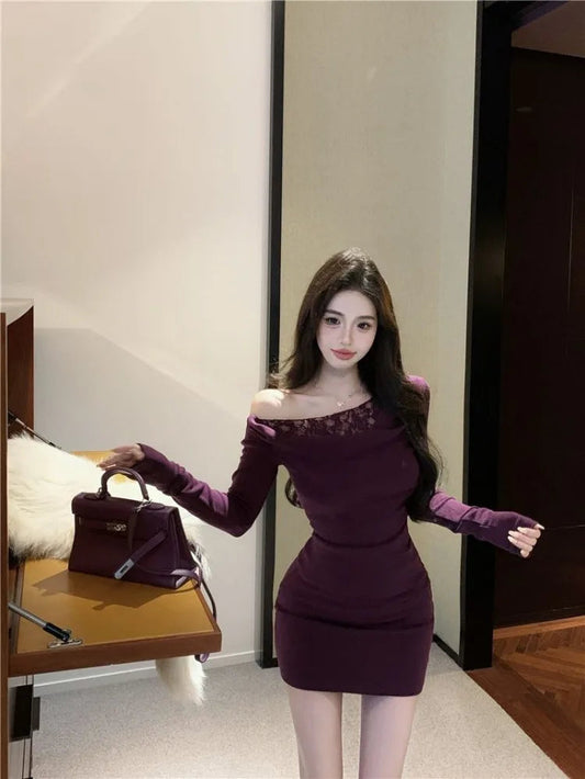 Mini Dresses Lace Patchwork Sweet Slim Long Sleeve Ruched Off Shoulder Spring Party Dress