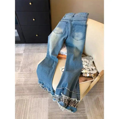 Minimally Designed Micro Flared Jeans Autumn Spring Niche Plaid Splicing Slim Versatile Long Pants